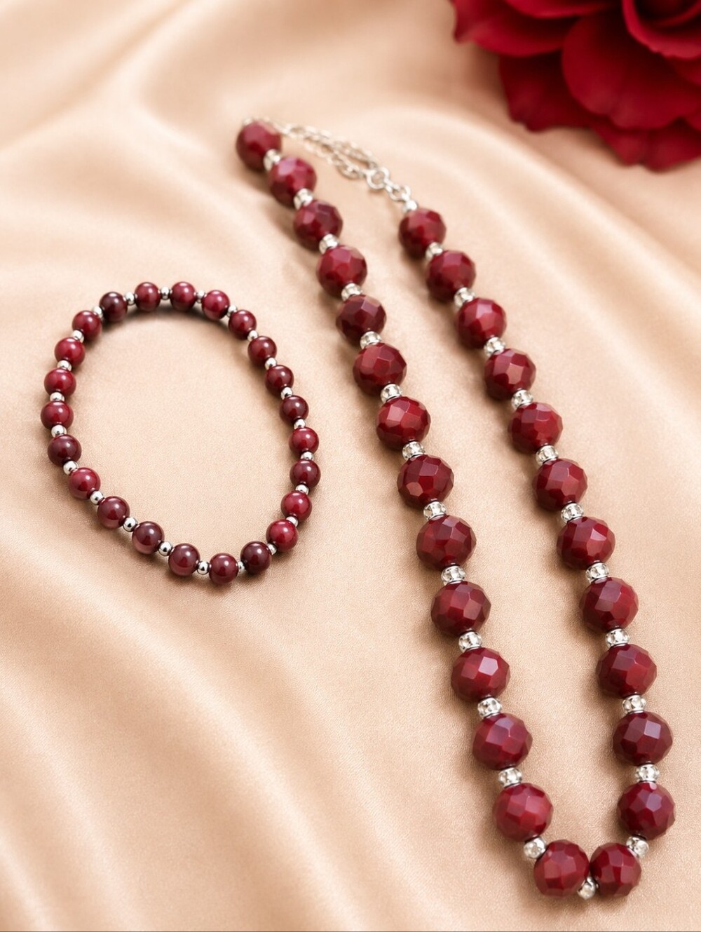 Burgundy Red Faceted Glass Bead Necklace Bracelet Jewelry Set